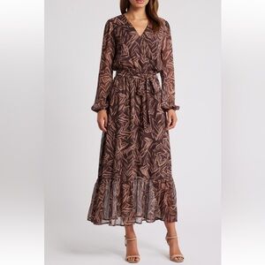 Chelsea28 Brown Long Sleeve Faux Wrap Dress